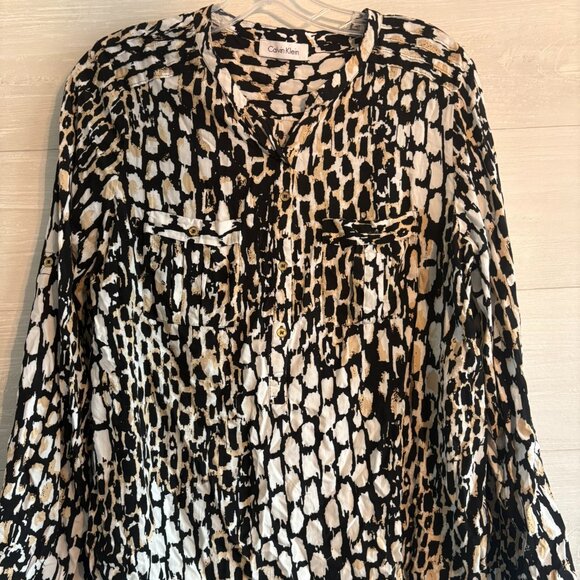 Calvin Klein Tops - Calvin Klein Black Beige Animal Print Long Roll Tab Sleeves Buttons Up Shirt